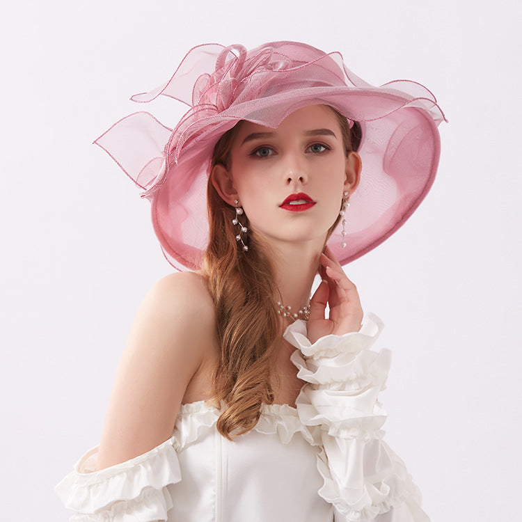 Wholesale Mesh Sun Hat Organza Flower Pot Hat Big Eaves Foldable Beach Sun Hat